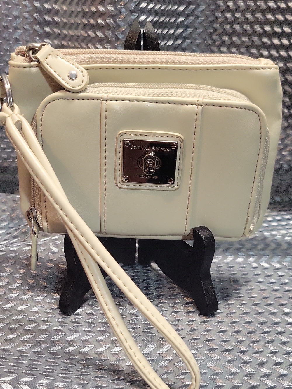 Etienne Aigner Ivory Leather Wristlet Wallet with Logo Plaque